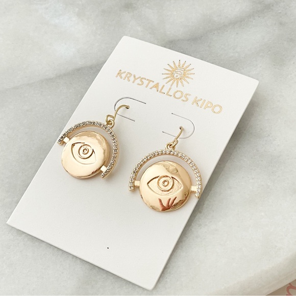 Gold Evil Eye Crystal Pave Statement Earrings - Picture 3 of 3